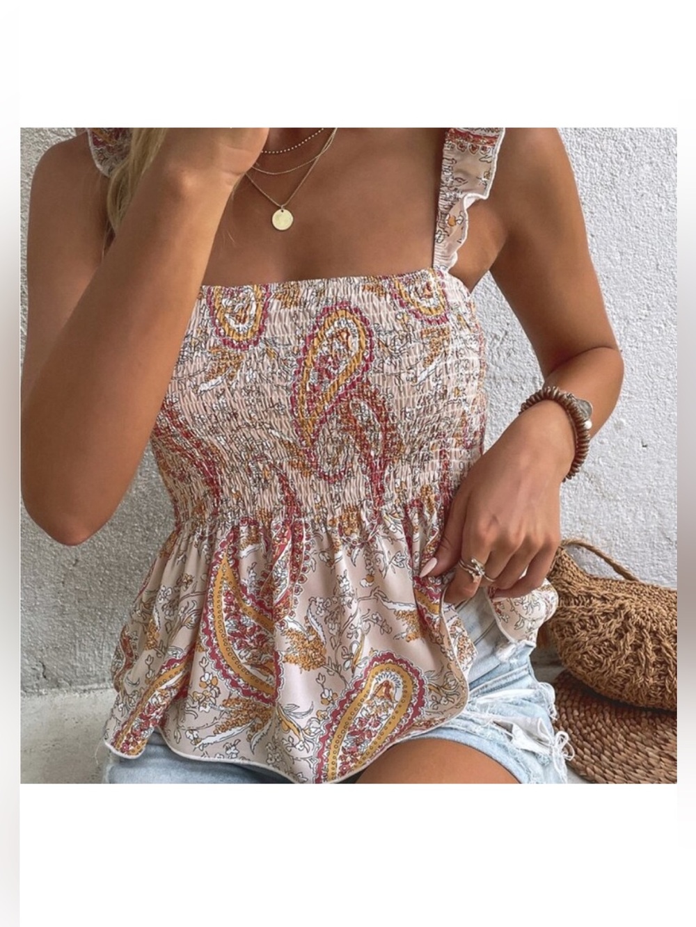Ruffled paisley print summer tank crop top